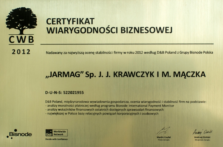 Certyfikat wiarygodności biznesowej 2012